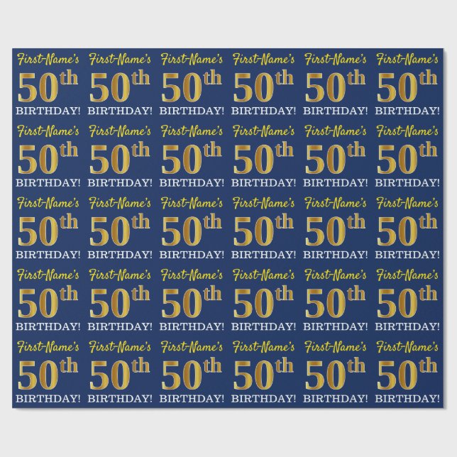 Blått, Imitation Guld titta "50:e BIRTHDAY" Presentpapper (Platt)