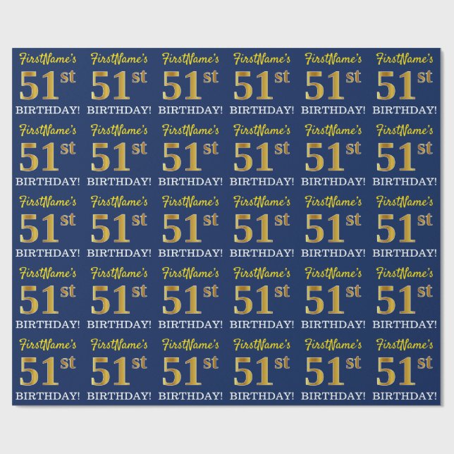 Blått, Imitation Guld titta "51:a BIRTHDAY" Presentpapper (Platt)