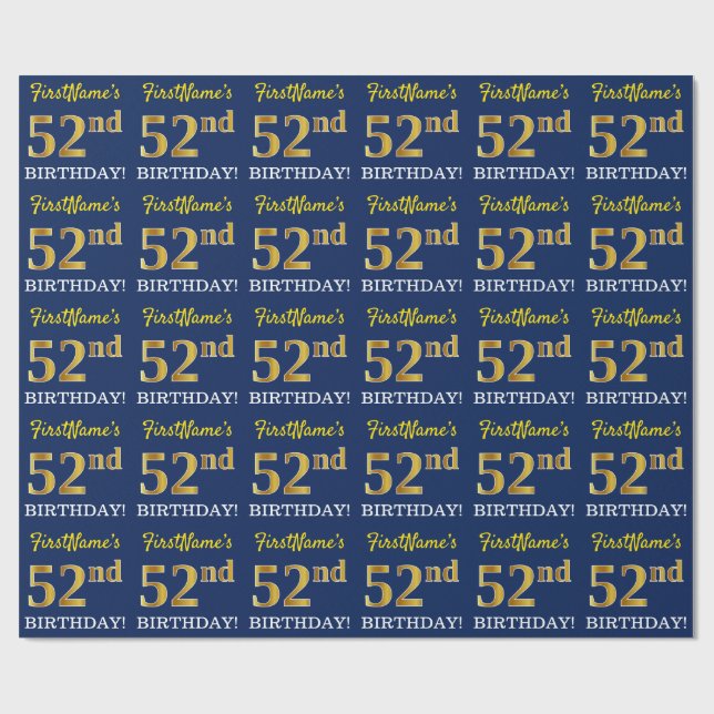 Blått, Imitation Guld titta "52:a BIRTHDAY" Presentpapper (Platt)
