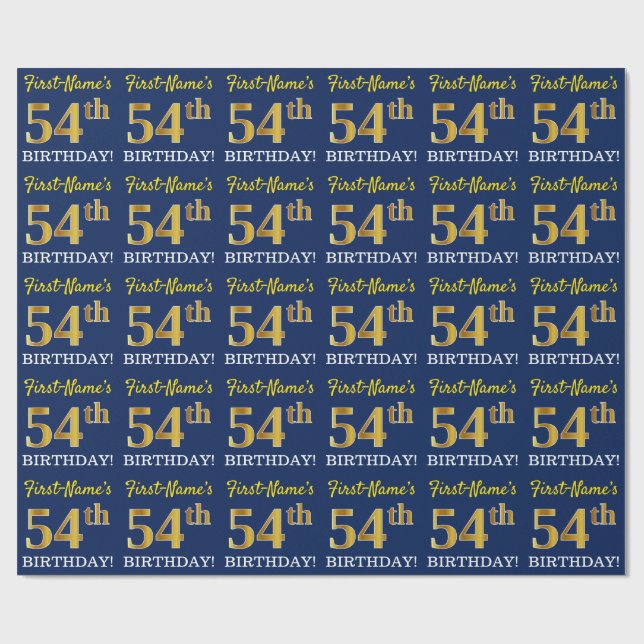 Blått, Imitation Guld titta "54:e BIRTHDAY" Presentpapper (Platt)