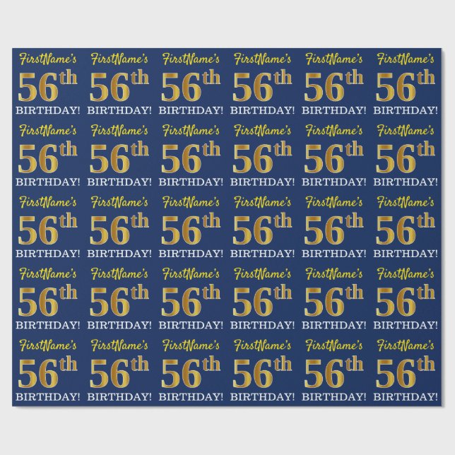 Blått, Imitation Guld titta "56:e BIRTHDAY" Presentpapper (Platt)