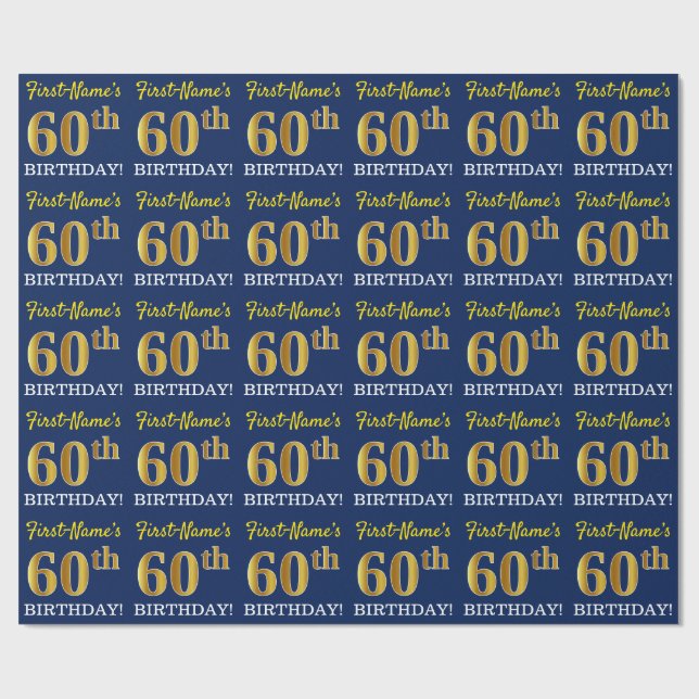 Blått, Imitation Guld titta "60:e BIRTHDAY" Presentpapper (Platt)