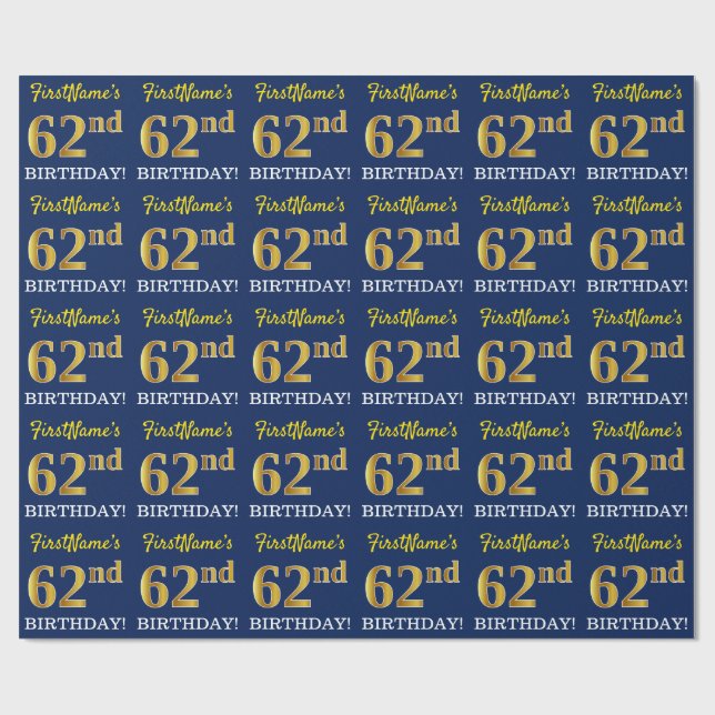 Blått, Imitation Guld titta "62:a BIRTHDAY" Presentpapper (Platt)
