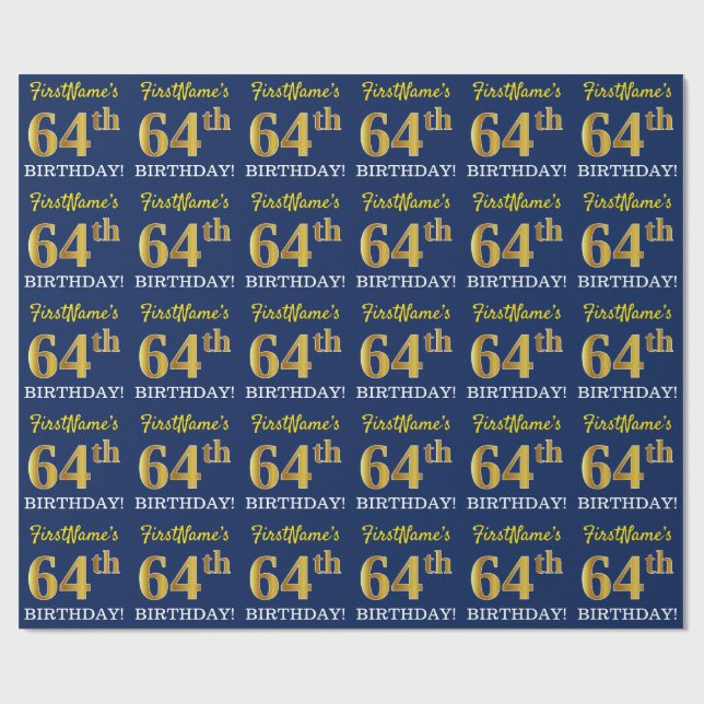 Blått, Imitation Guld titta "64:e BIRTHDAY" Presentpapper (Platt)