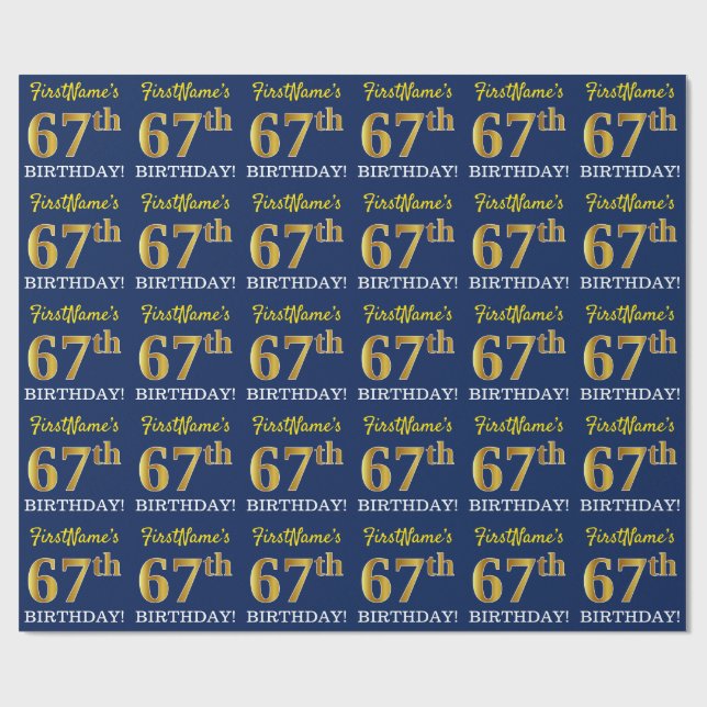 Blått, Imitation Guld titta "67:e BIRTHDAY" Presentpapper (Platt)