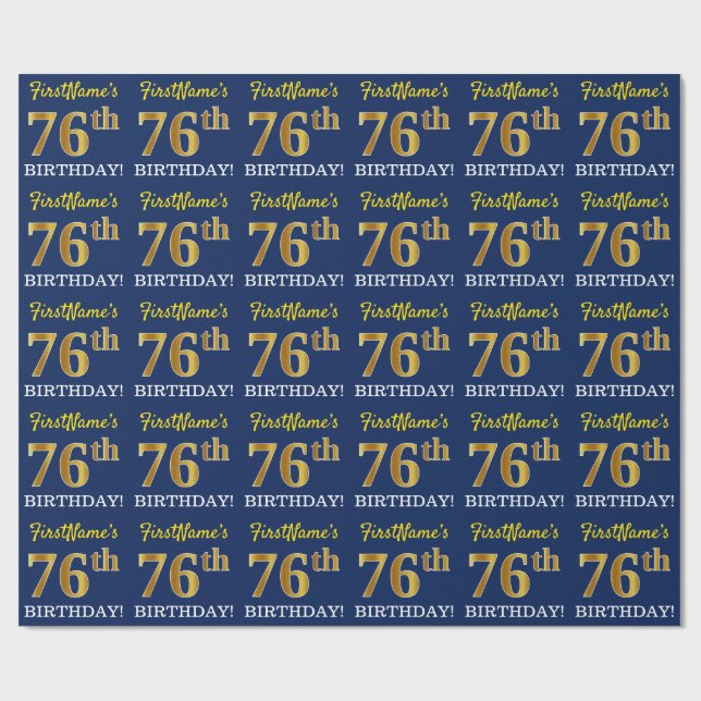 Blått, Imitation Guld titta "76:e BIRTHDAY" Presentpapper (Platt)