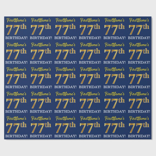 Blått, Imitation Guld titta "77:e BIRTHDAY" Presentpapper (Platt)