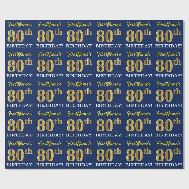 Blått, Imitation Guld titta "80:e BIRTHDAY" Presentpapper (Platt)