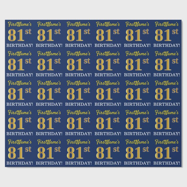 Blått, Imitation Guld titta "81:a BIRTHDAY" Presentpapper (Platt)