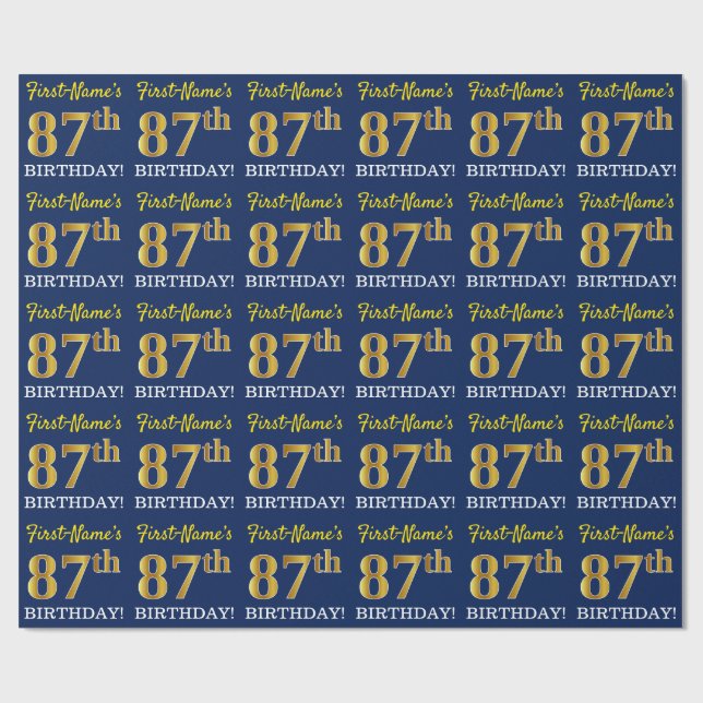 Blått, Imitation Guld titta "87:e BIRTHDAY" Presentpapper (Platt)