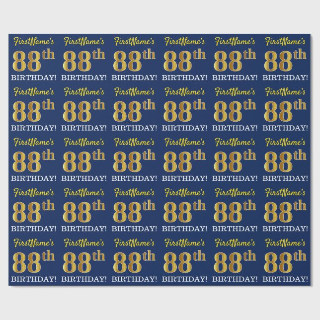 Blått, Imitation Guld titta "88:e BIRTHDAY" Presentpapper (Platt)