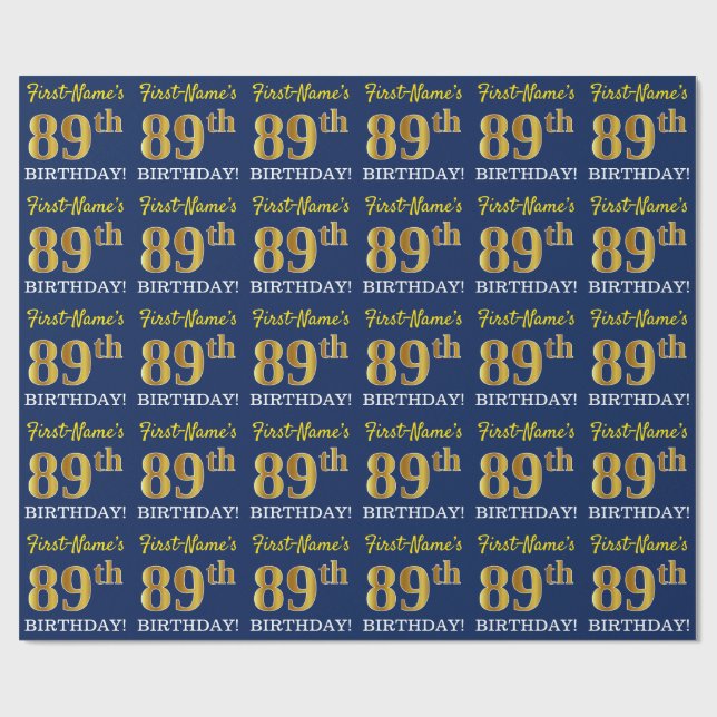 Blått, Imitation Guld titta "89:e BIRTHDAY" Presentpapper (Platt)