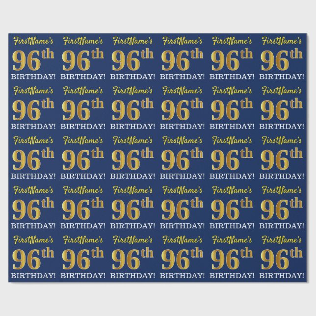 Blått, Imitation Guld titta "96:e BIRTHDAY" Presentpapper (Platt)