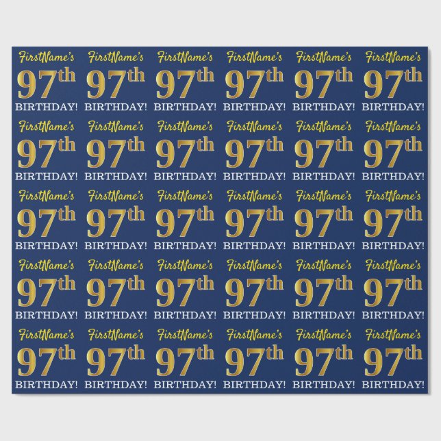 Blått, Imitation Guld titta "97:e BIRTHDAY" Presentpapper (Platt)