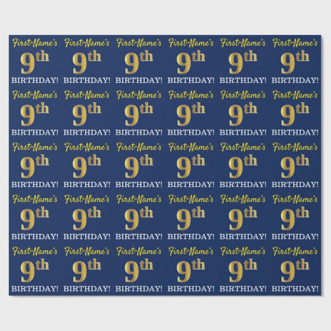 Blått, Imitation Guld titta "9:e BIRTHDAY" Presentpapper (Platt)