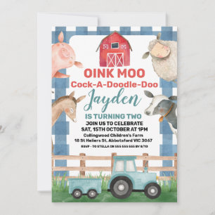 Blått inbjudan till lantgård och traktor