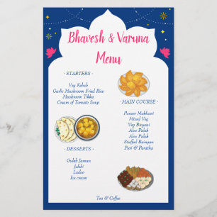 Blått indisk design gräns hindu bröllop-meny brevpapper
