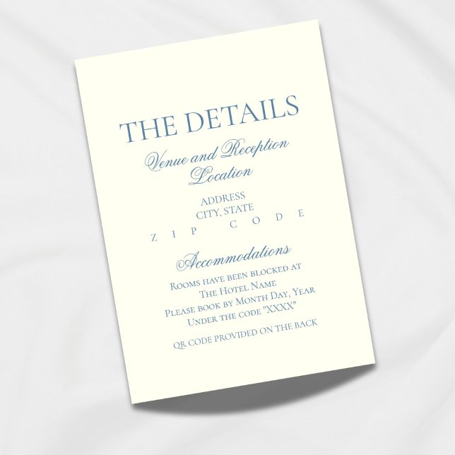 Blått informationskort för elegant - klassisk desi tilläggskort (Add a touch of timeless elegance to your wedding stationery with this dusty blue details card!)