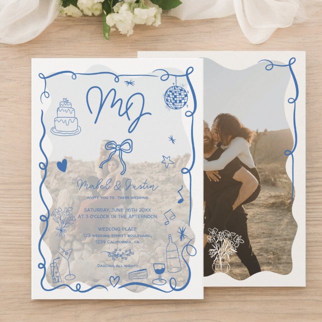 Blått initialer-handritade illustrerade foton bröl inbjudningar (Blue initials handdrawn illustrated photos wedding invitation)