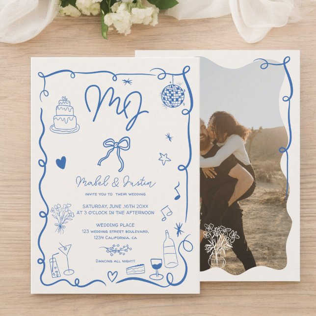 Blått initialer ritat illustrerat foto bröllop inbjudningar (Blue initials handdrawn illustrated photo wedding invitation)