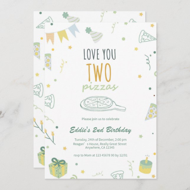 Blått inlägg från Pizza-partiet på andra födelseda Inbjudningar (Fram/baksida)