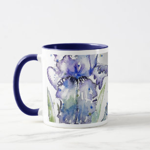 Blått Iris Art-blommigt, vattenfärgsblommiga kon Mugg
