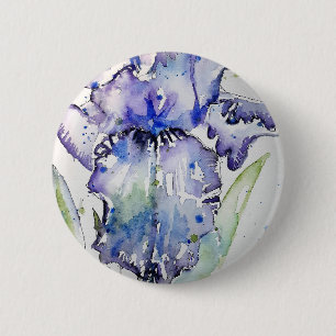 Blått Iris Art-blommigt, vattenfärgsblommiga konst Knapp