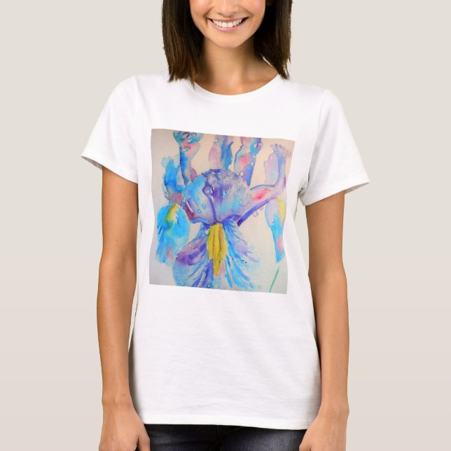 Blått Iris Art-blommigt Vattenfärgsdesign T Shirt (Framsida)