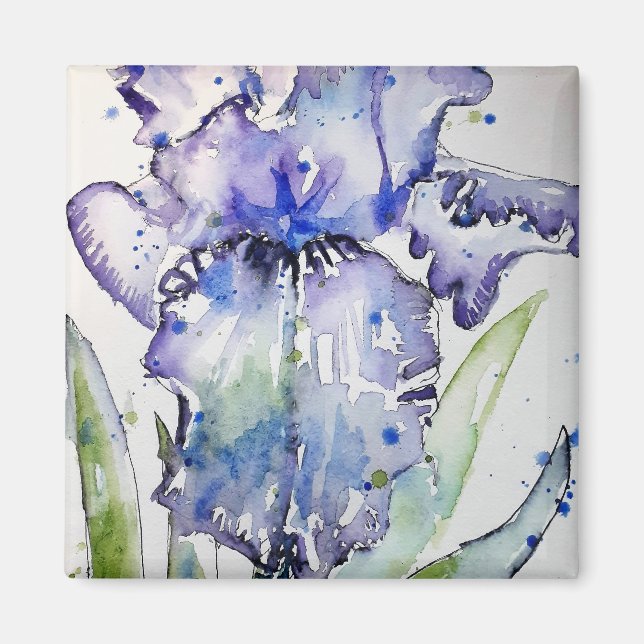 Blått Iris Art-blommigt - vattenfärgsfärgsfärgsfär Magnet (Framsidan)
