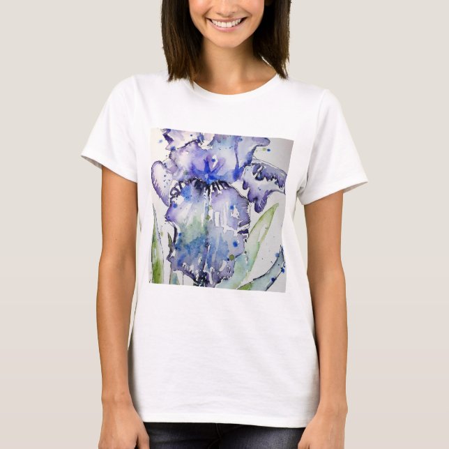 Blått Iris Art-blommigt - vattenfärgsfärgsfärgsfär T Shirt (Framsida)