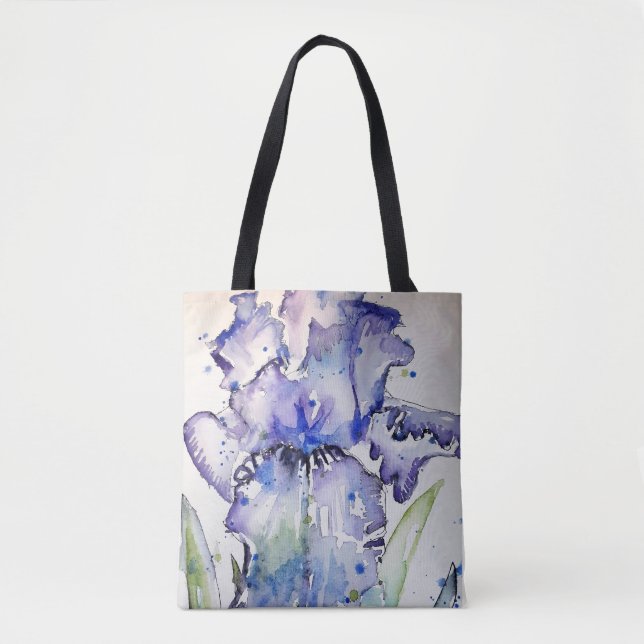 Blått Iris Art-blommigt - vattenfärgsfärgsfärgsfär Tygkasse (Framsida)