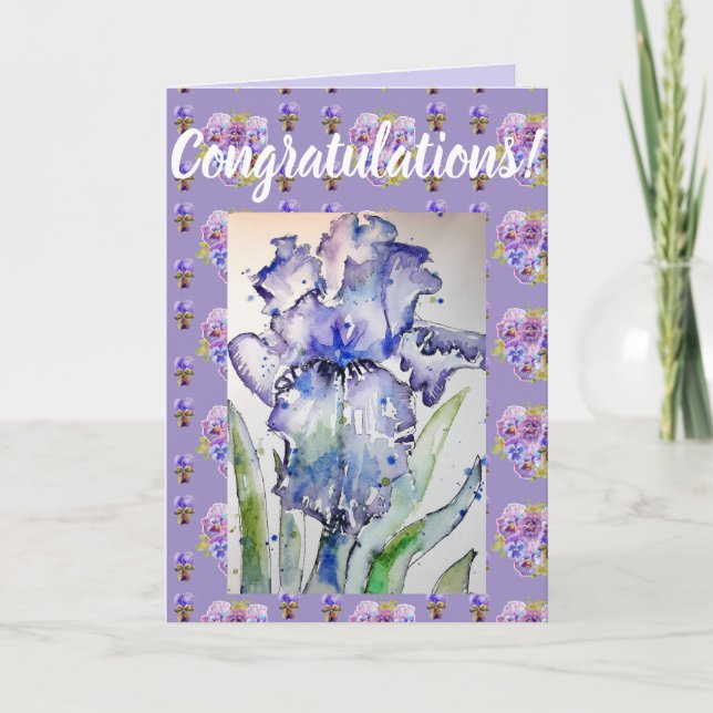 Blått Iris Flower Blommigt Conrgatations art Card Kort (Framsida)