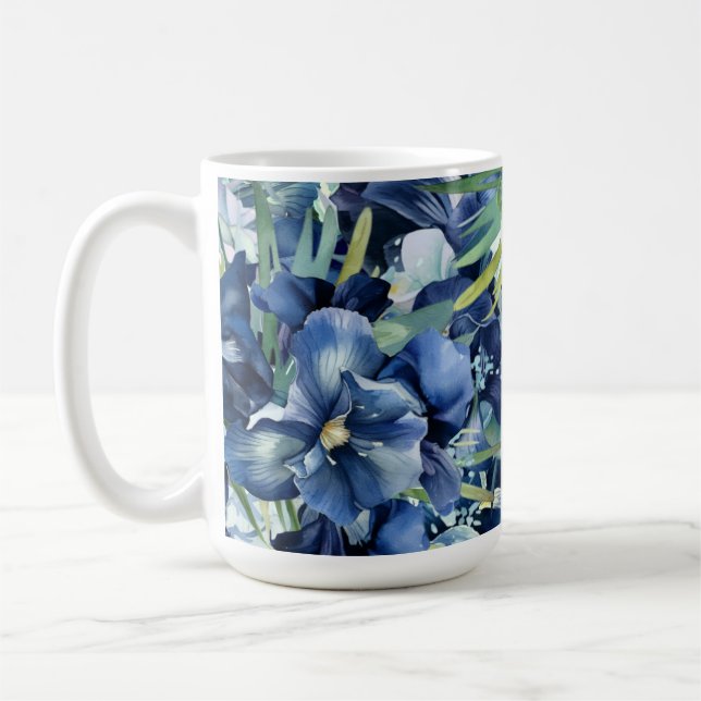 Blått Iris Watercolor Background Mönster Kaffemugg (Vänster)