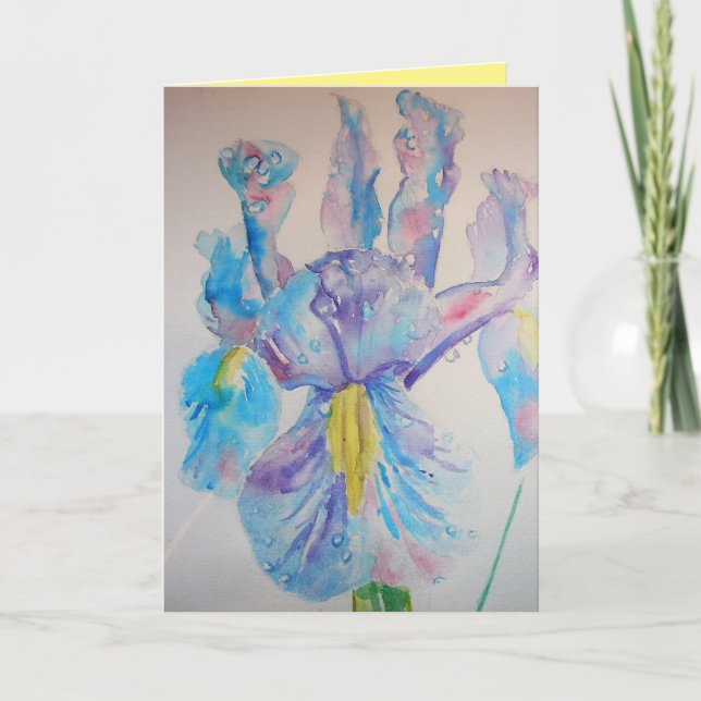 Blått Iris Watercolor Birthday Card Kort (Framsida)