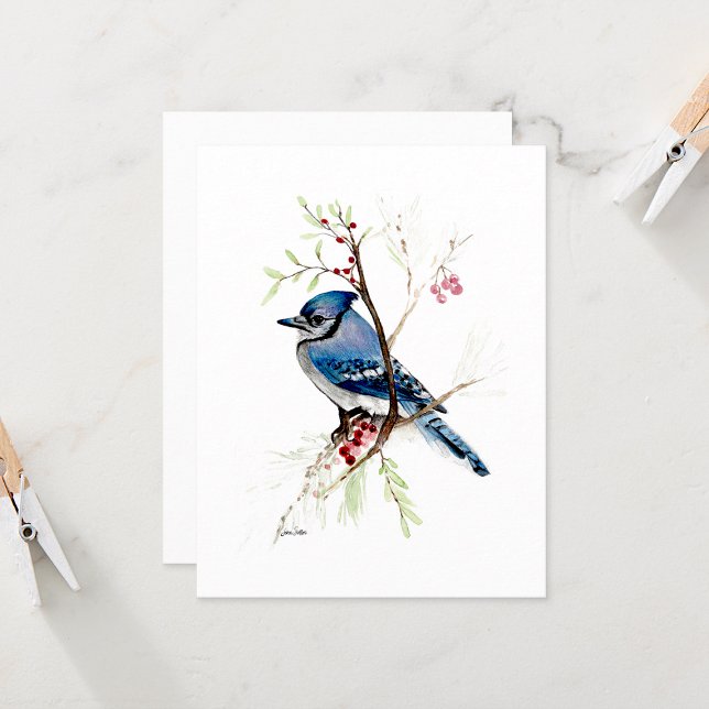 Blått Jay Bevalt Watercolor-kort (Blue Jay Beautiufl Watercolor Note Card by Jenn Steffen Art)