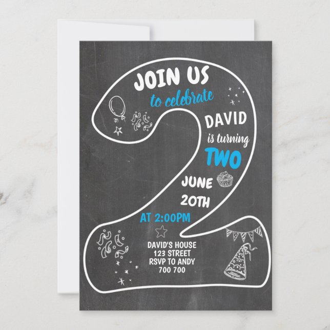 Blått jokernummer för andra födelsedag inbjudningar (Framsida)