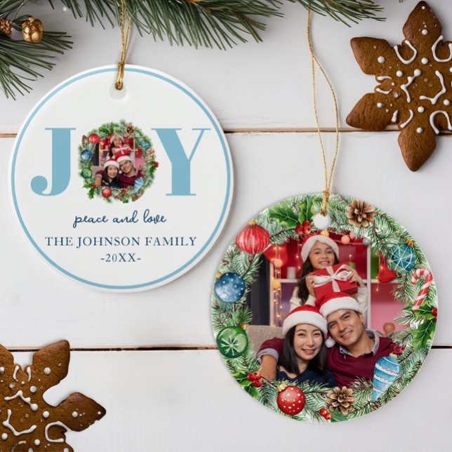 Blått JOY Watercolor Wandeand Photo Ornament (Cute Photo Christmas Ornament )