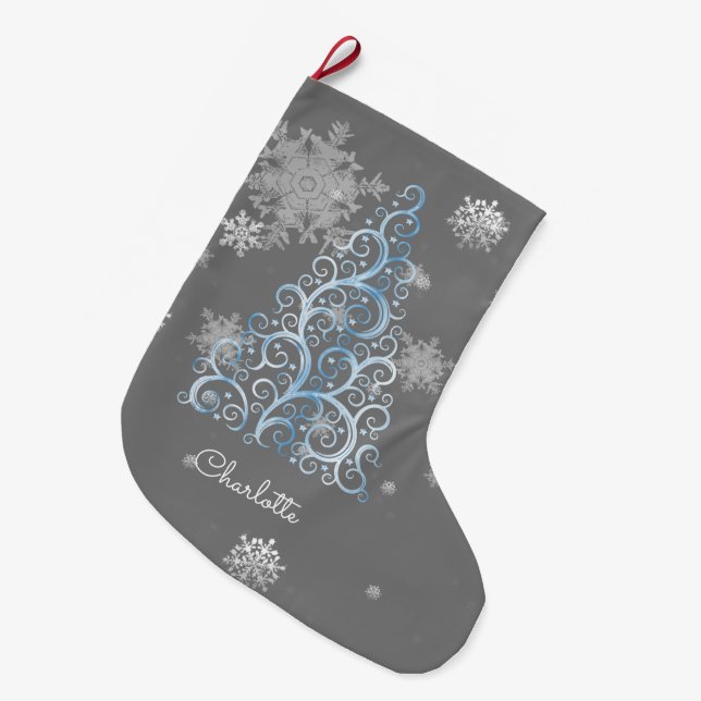 Blått Julgran och Snöflingor Stor Julstrumpa (Framsidan (Hängande))