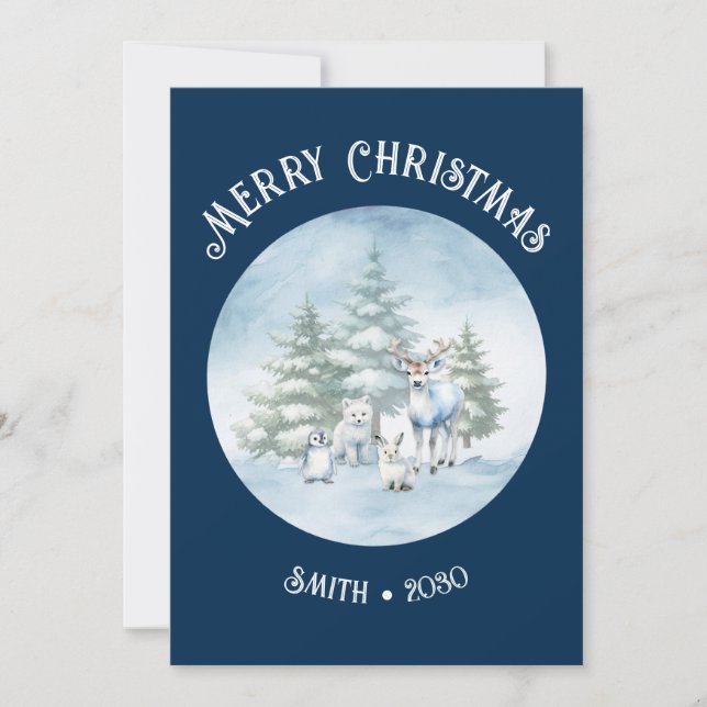 Blått julkort för trädjur, platt Helgdag (Framsida)