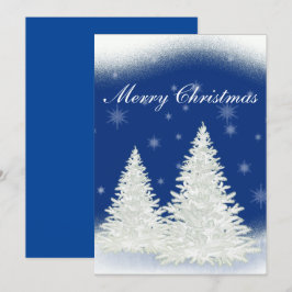Blått julkort med vit träd. inbjudningar