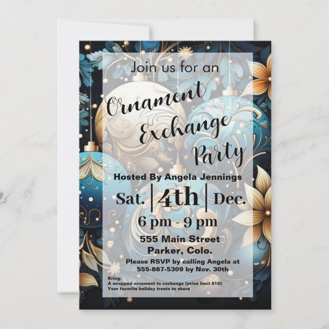 Blått julläggande inbjudningskort för prydnadsföre (Framsida)