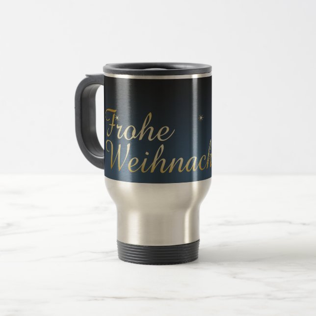 Blått julmotiv med gyllene julgran resemugg (Framsida vänster)