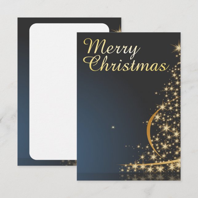 Blått jultema med gyllene Julgran Inbjudningar (Fram/baksida)