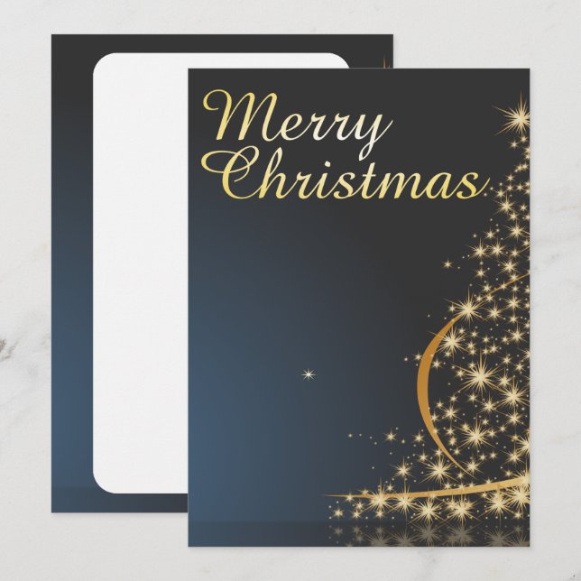 Blått jultema med gyllene Julgran Inbjudningar (Fram/baksida)