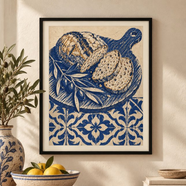 Blått Kakel Skärbräda Konsttryck Poster (Styled display of Blue Tile Breadboard Art Print. Frame, mat and furnishings shown for illustration; select framing options separately.)