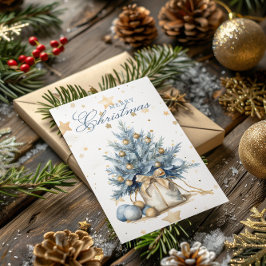 Blått kalligrafi i julgran Guld, vattenfärg Julkort