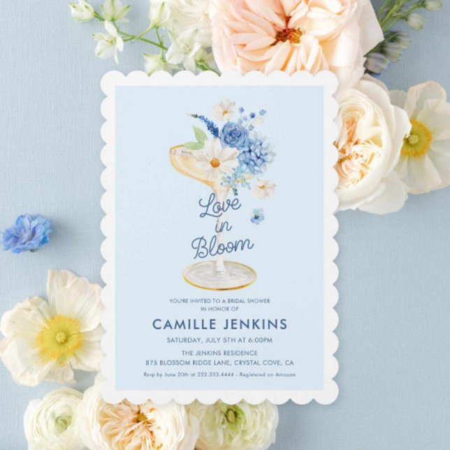 Blått Kärlek i inbjudan till Möhippa av bloomens B (Blue Floral Love in Bloom Bridal Shower invitation)