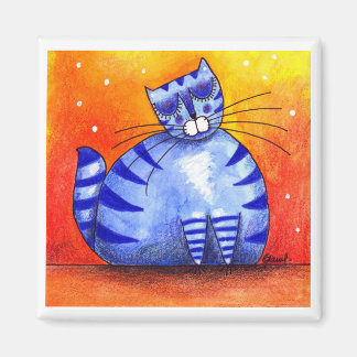 Blått katt med stor Tjock - Fyrkantstreck Magnet
