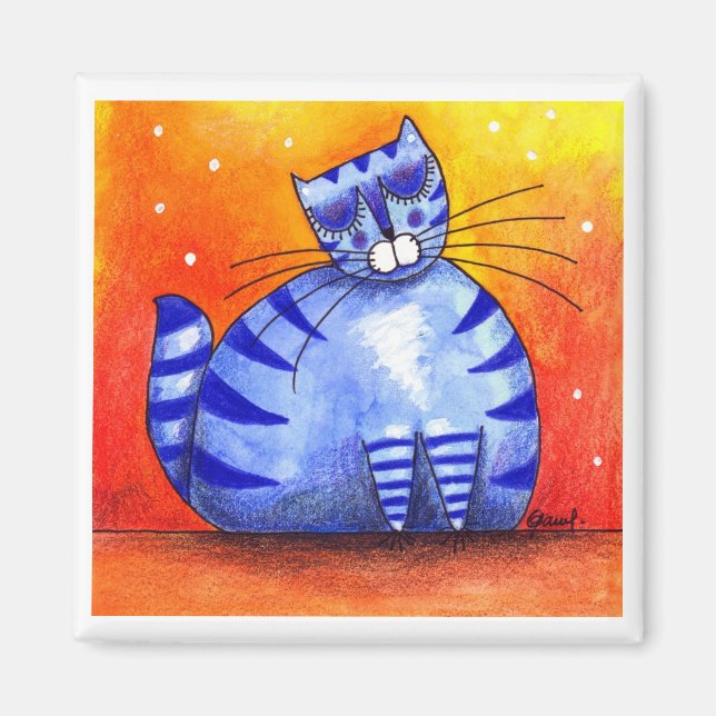 Blått katt med stor Tjock - Fyrkantstreck Magnet (Framsidan)