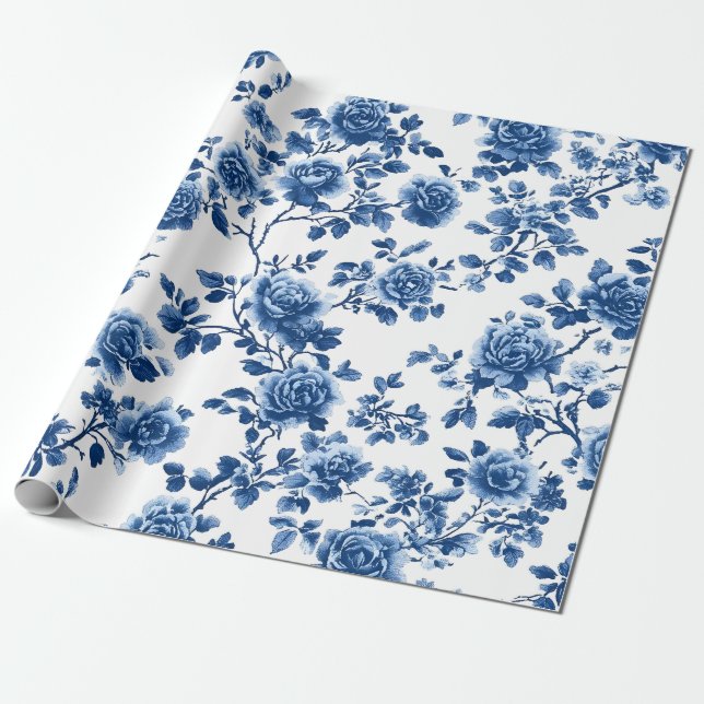Blått kineseri blomstermönstrat presentpapper (Utrullad)